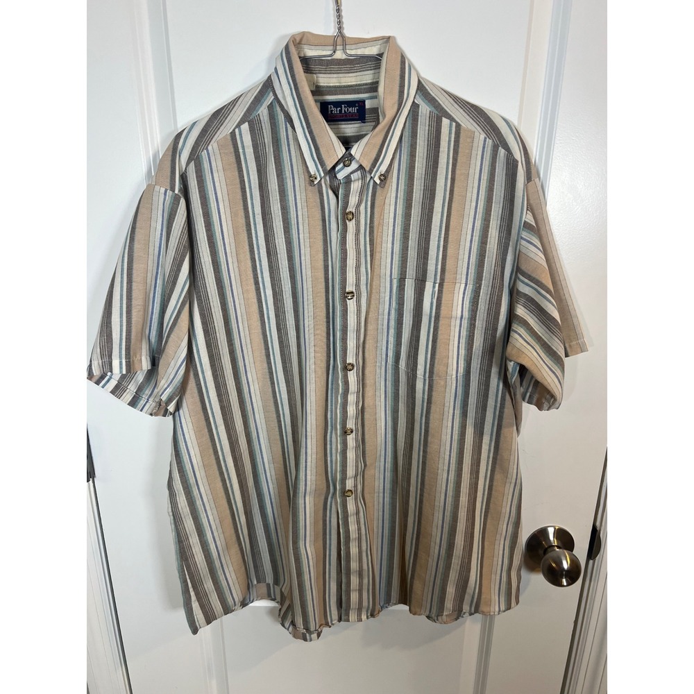 Par Four Mens Short Sleeve Striped Button Down Shirt Tan Blue Size XL